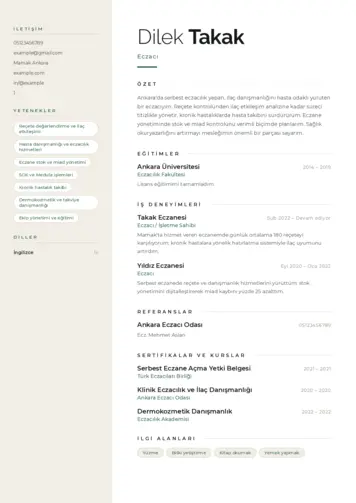 Eczacı CV Örnekleri cv indir